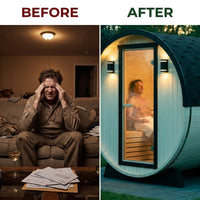 3-Person Capacity Outdoor White Finland Pine Wet/Dry Traditional Barrel Sauna with Black Accents — Before & After
