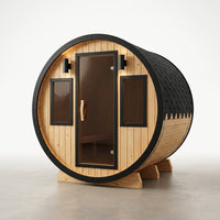 3-Person Capacity Outdoor White Finland Pine Wet/Dry Traditional Barrel Sauna with Black Accents — Studio Shot