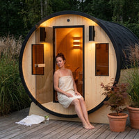 3-Person Capacity Outdoor White Finland Pine Wet/Dry Traditional Barrel Sauna with Black Accents — Lifestyle
