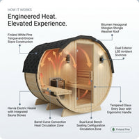 3-Person Capacity Outdoor White Finland Pine Wet/Dry Traditional Barrel Sauna with Black Accents — How It Works