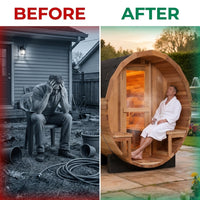 6-Person Patchworkred Cedar Traditional Steam Barrel Sauna — Before & After