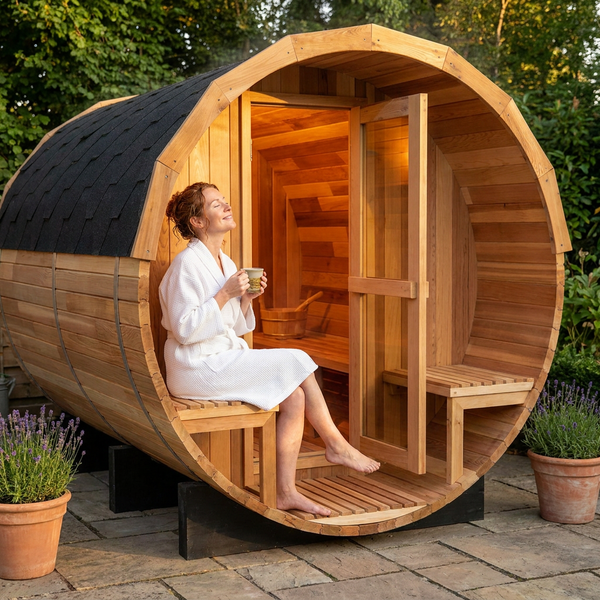 Outdoor Steam Sauna Built for Traditional Wellness, 6 Person Capacity, Red Cedar Construction, Barrel Design