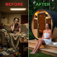 Outdoor Barrel Sauna Built for Traditional Wellness, Finland Pine, 3-Person Capacity, Wet/Dry Design — Before & After