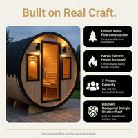 Outdoor Barrel Sauna Built for Traditional Wellness, Finland Pine, 3-Person Capacity, Wet/Dry Design — Results & Stats