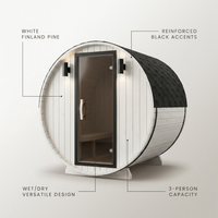 Outdoor Barrel Sauna Built for Traditional Wellness, Finland Pine, 3-Person Capacity, Wet/Dry Design — infographic