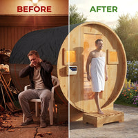 Outdoor Traditional Sauna, 4-6 Person Wooden Sauna, Steam Wet Wood Sauna with 220V with 6KW Heater, Sauna Stone, Thermometer — Before & After