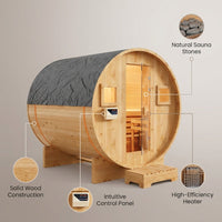 Outdoor Traditional Sauna, 4-6 Person Wooden Sauna, Steam Wet Wood Sauna with 220V with 6KW Heater, Sauna Stone, Thermometer — infographic